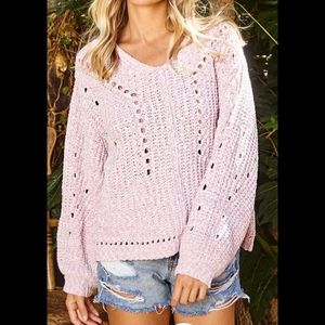 Soft chenille pink white oversized v-neck pullover boxy sweater ballon sleeves